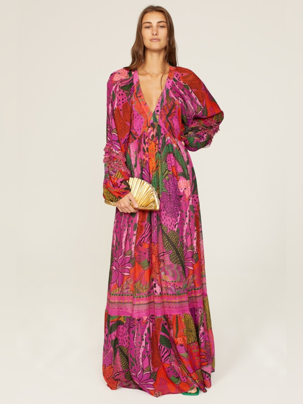 ▪️Farm Rio Long-Sleeve V-Neck Dress Pink Cool Leopards Maxi - Picture 2 of 16